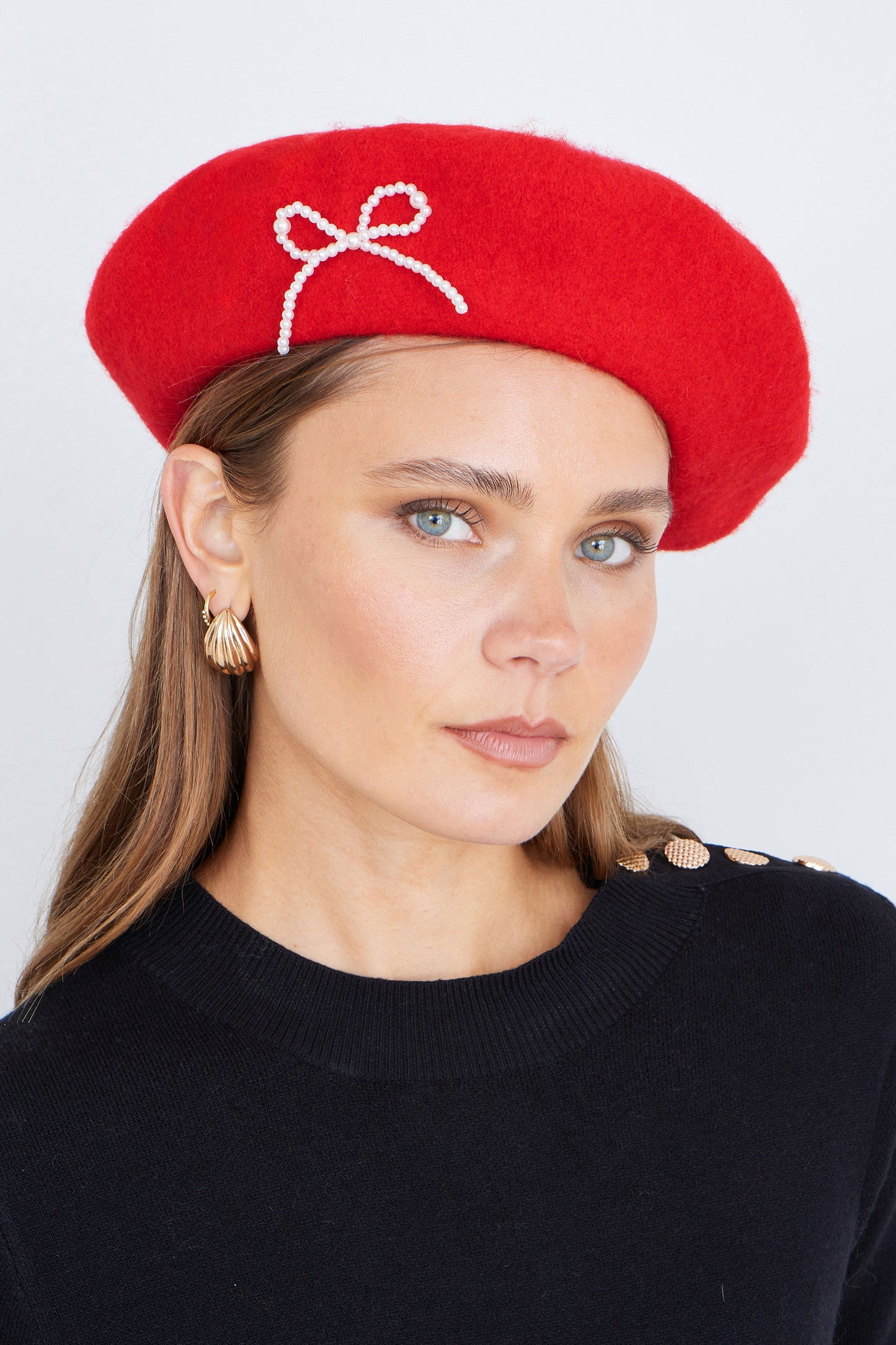 Yumi Red Pearl Bow Beret ACC HATS Yumi