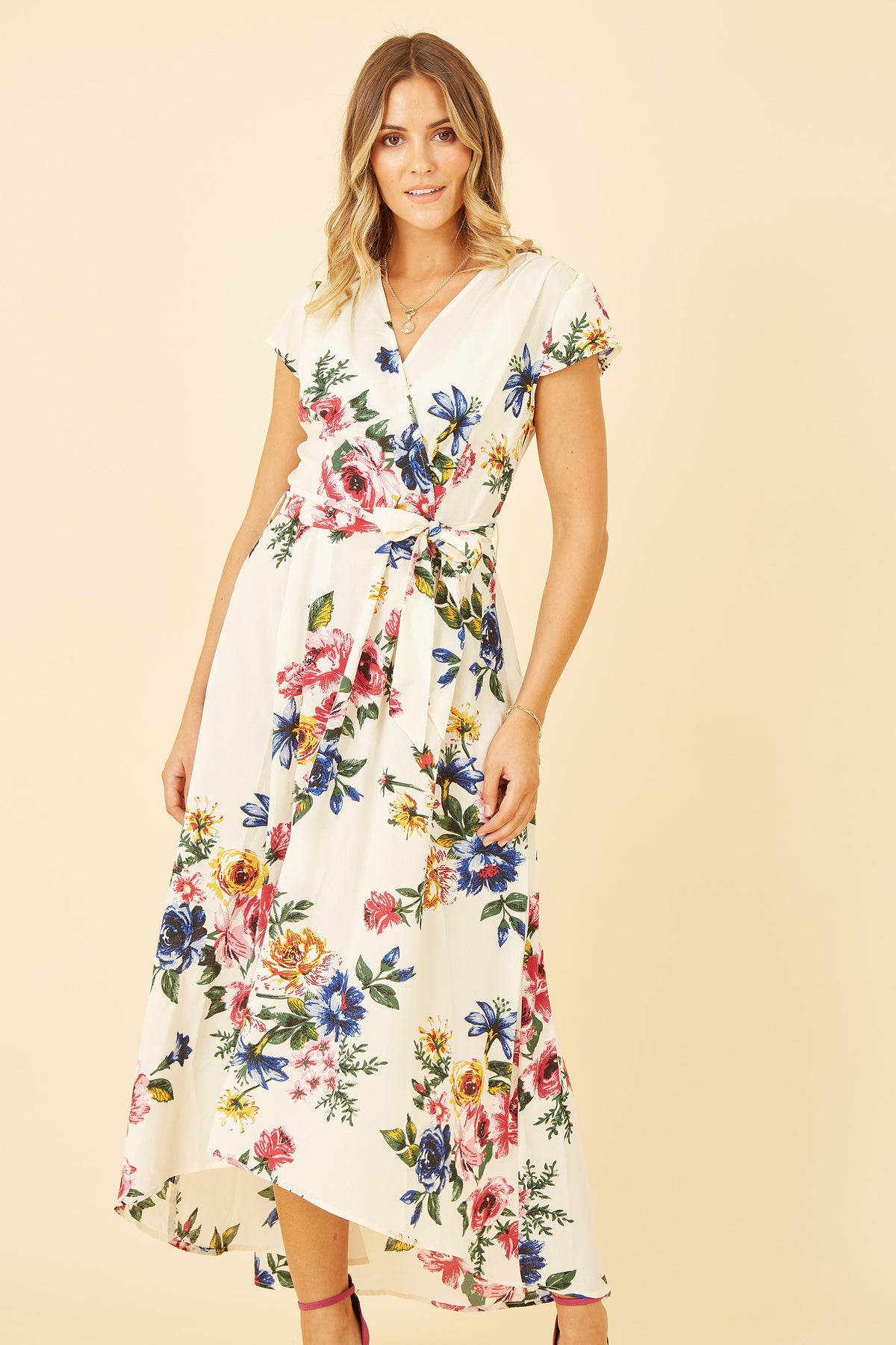Yumi Ivory Floral Wrap Dip Hem Dress DRES Day Yumi