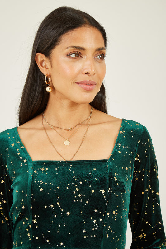 Yumi Green Star Foil Print Long Sleeve Skater Dress DRES Party Yumi