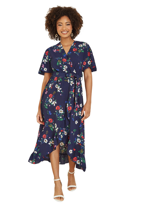 Mela Navy Floral Wrap Dress With Frill Hem Mela