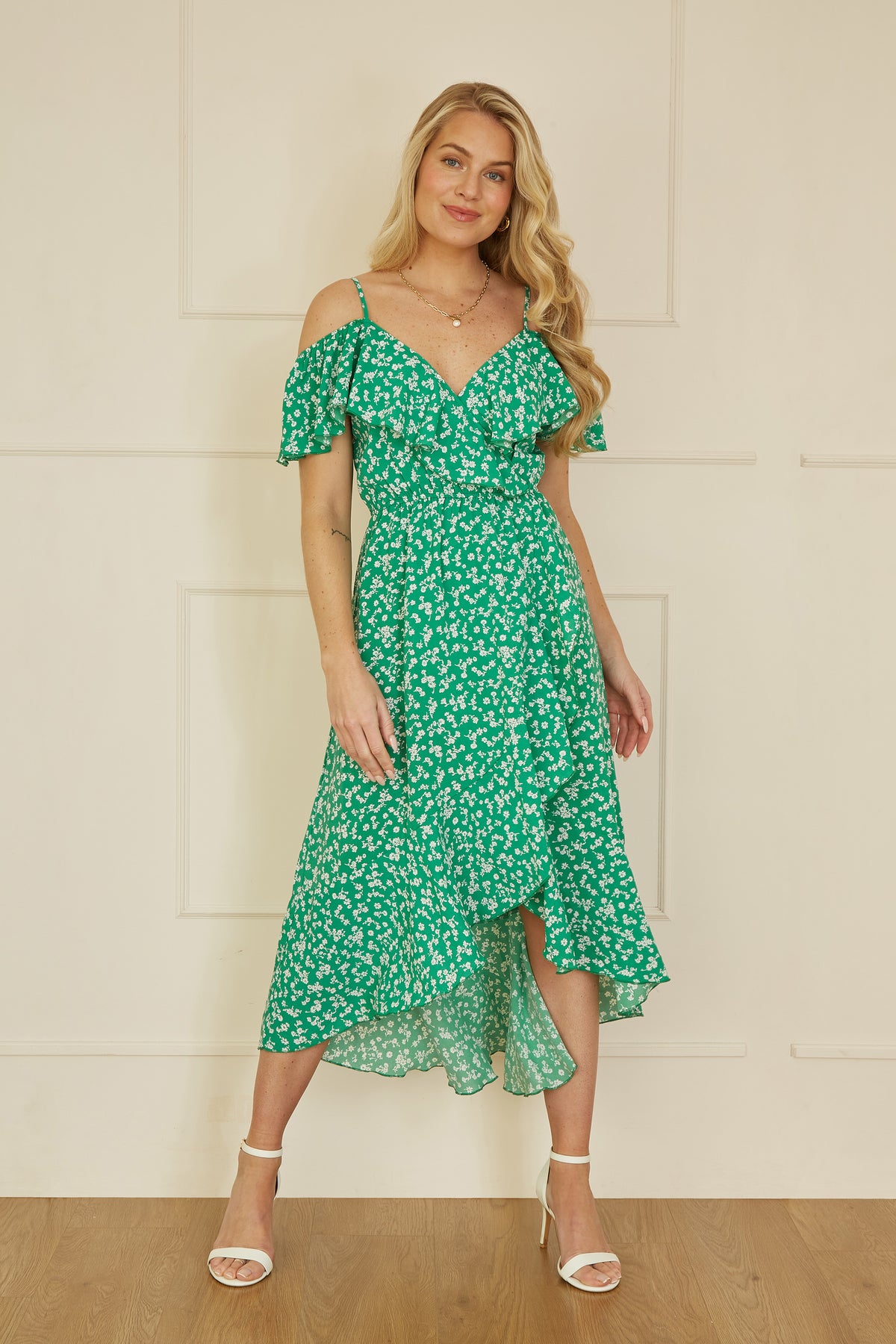 Yumi Green Ditsy Print Bardot Midi Dress With Dip Hem DRES Day Yumi