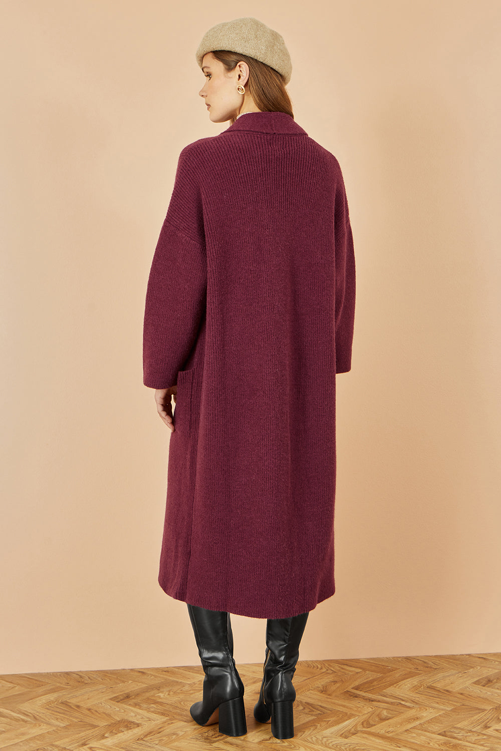 Yumi Burgundy Knitted Maxi Cardigan With Pockets Knit Cardigan Yumi
