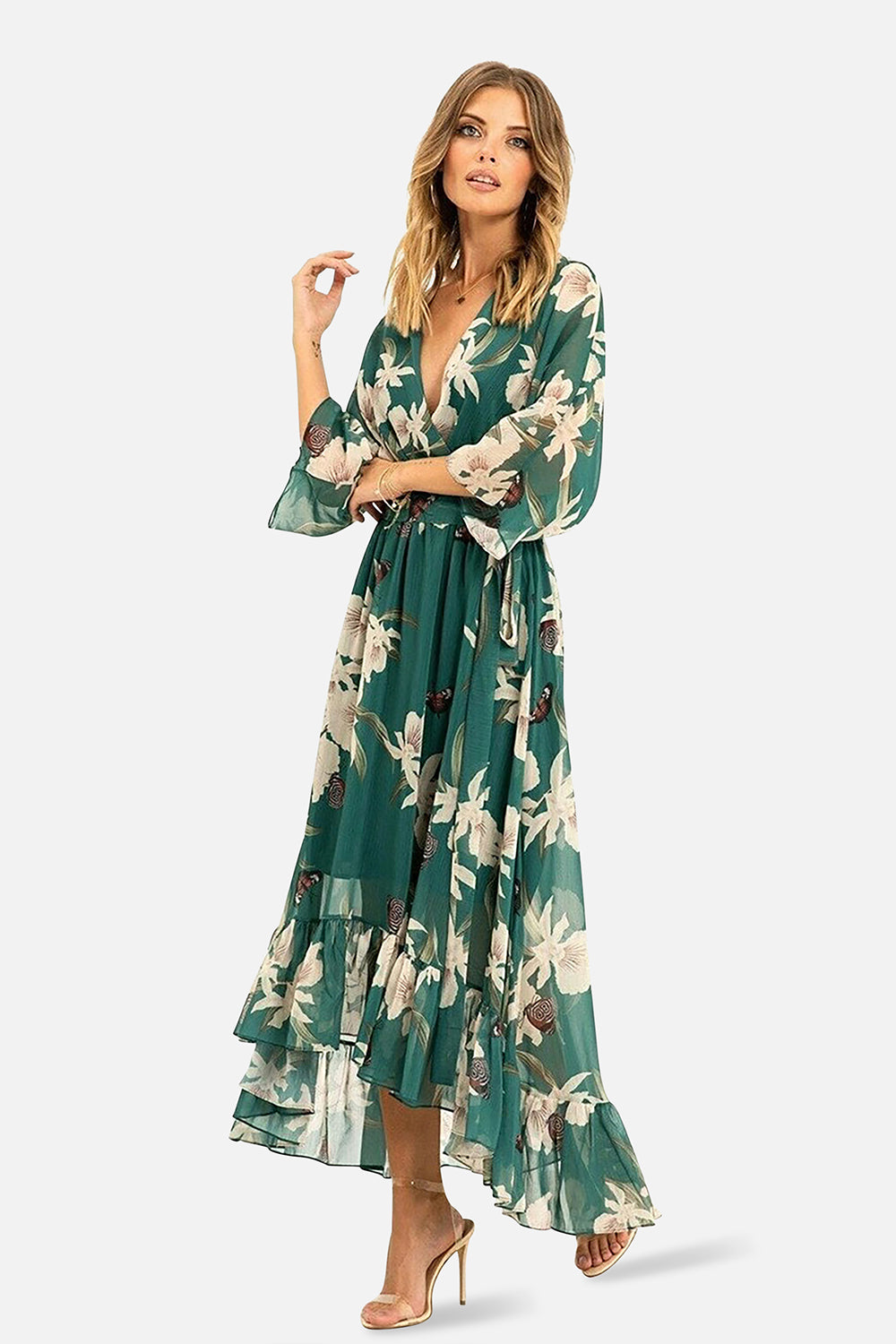 green yumi dress Floral Kimono Sleeves Dip Hem Wrap Midi – green dance costume