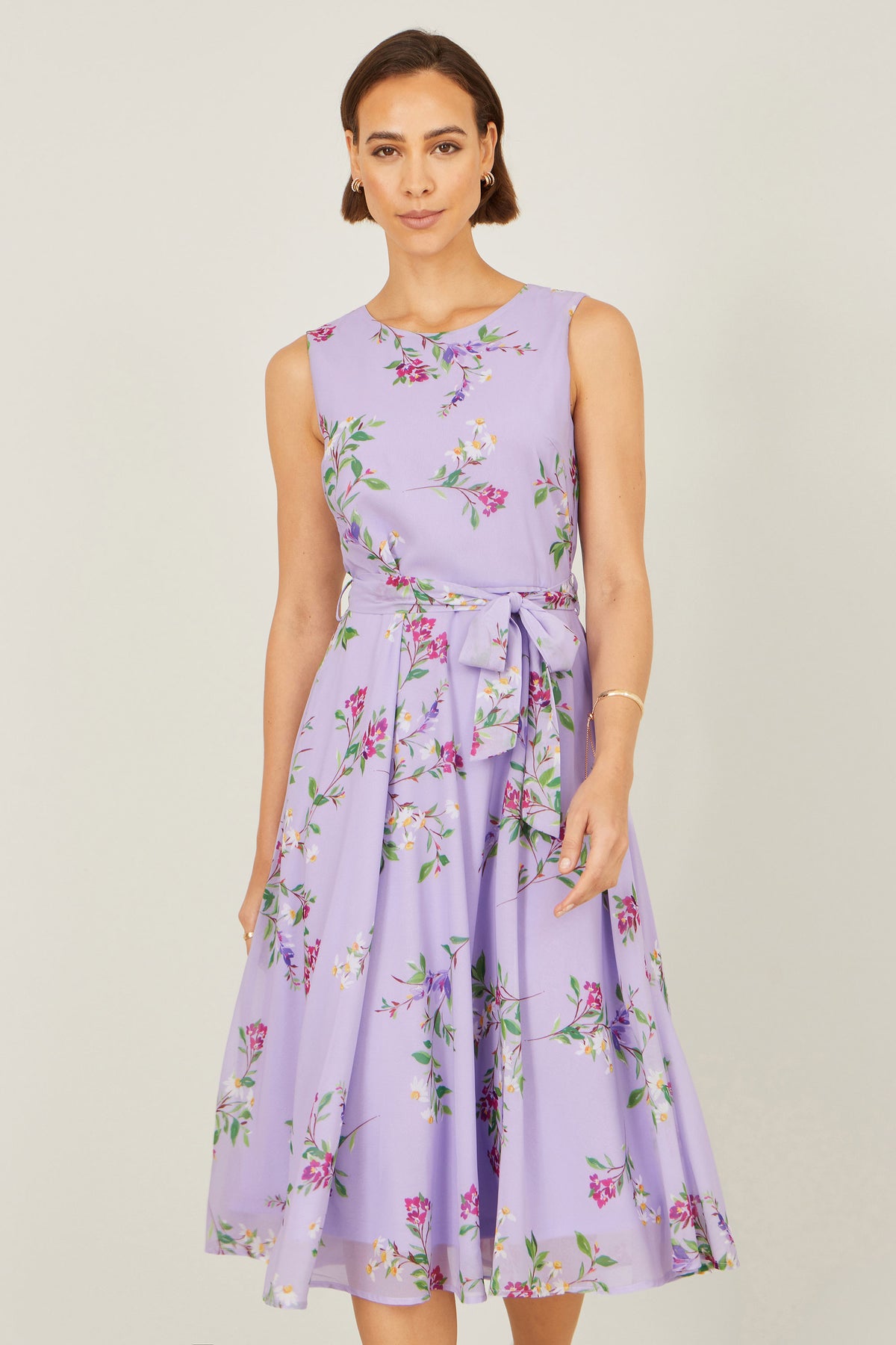 Yumi Lilac Floral Print Midi Skater Dress Dress Occasion Yumi