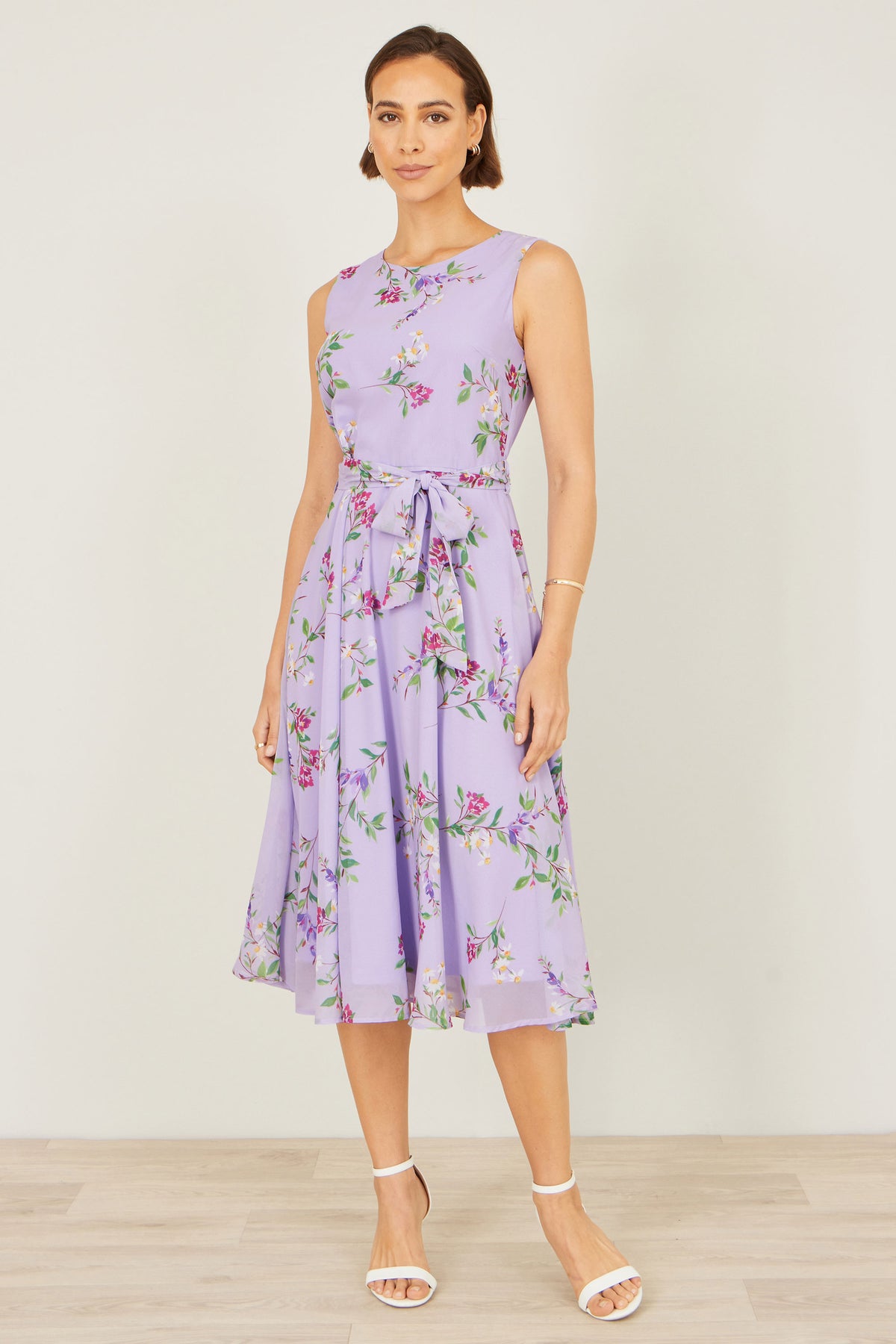 Yumi Lilac Floral Print Midi Skater Dress Dress Occasion Yumi
