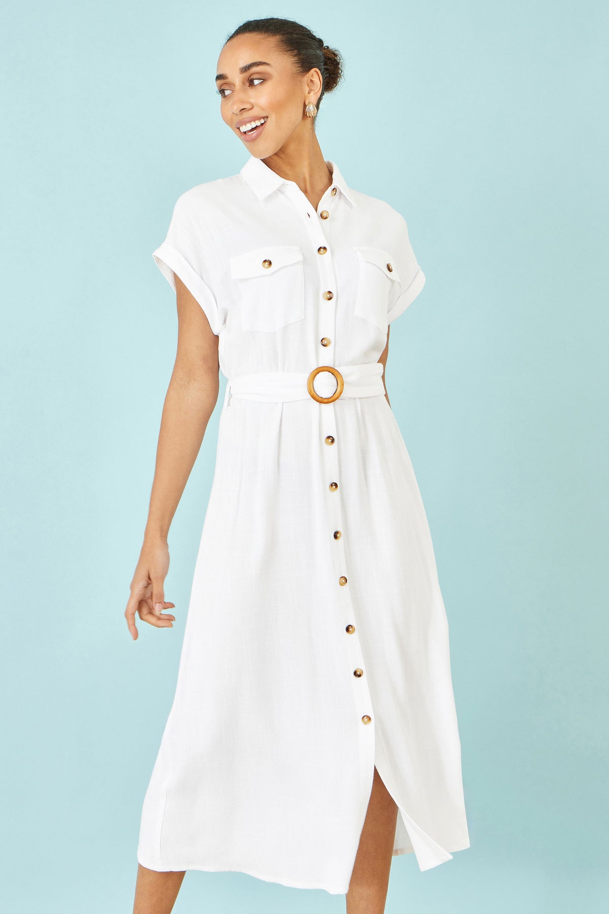 Yumi White Viscose Linen Look Midi Shirt Dress With Wooden Belt Dress Casual Yumi