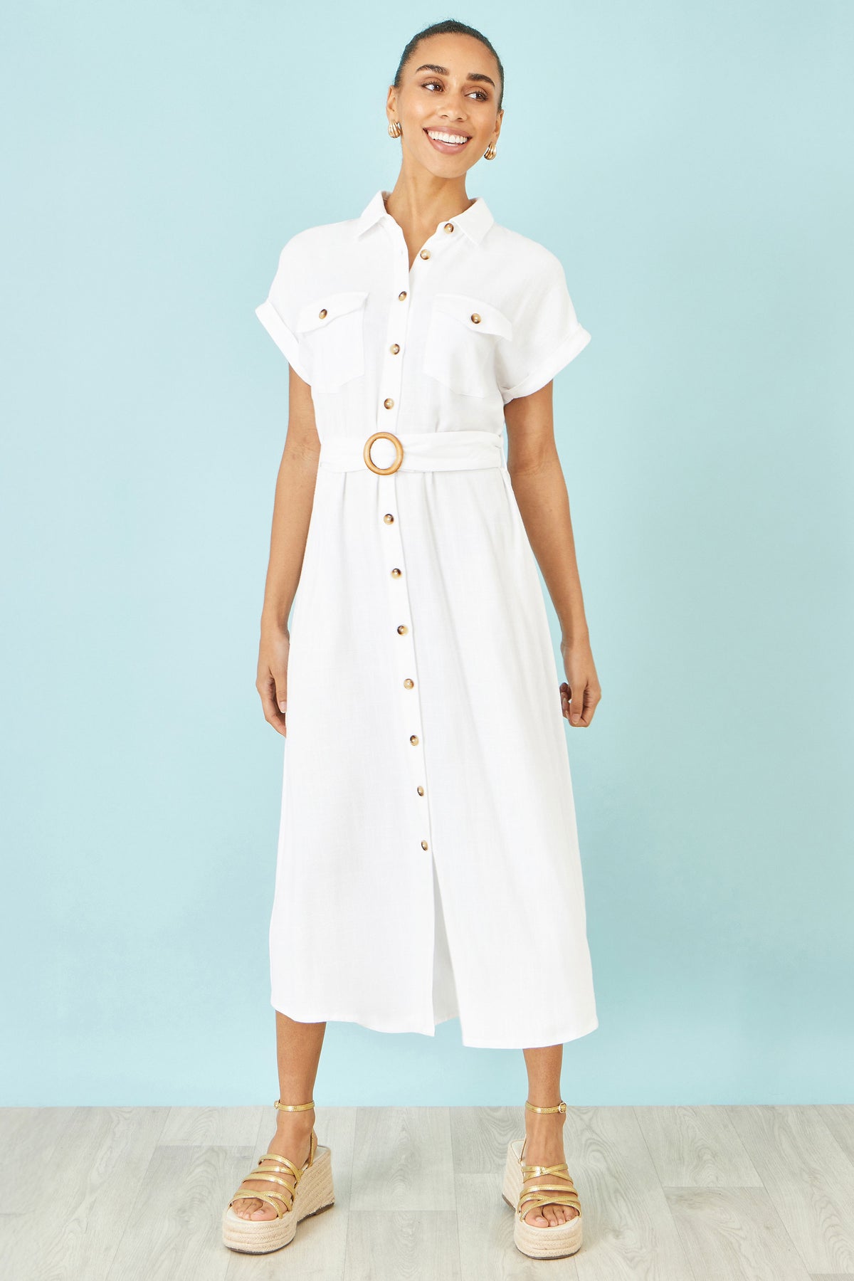 Yumi White Viscose Linen Look Midi Shirt Dress With Wooden Belt Dress Casual Yumi