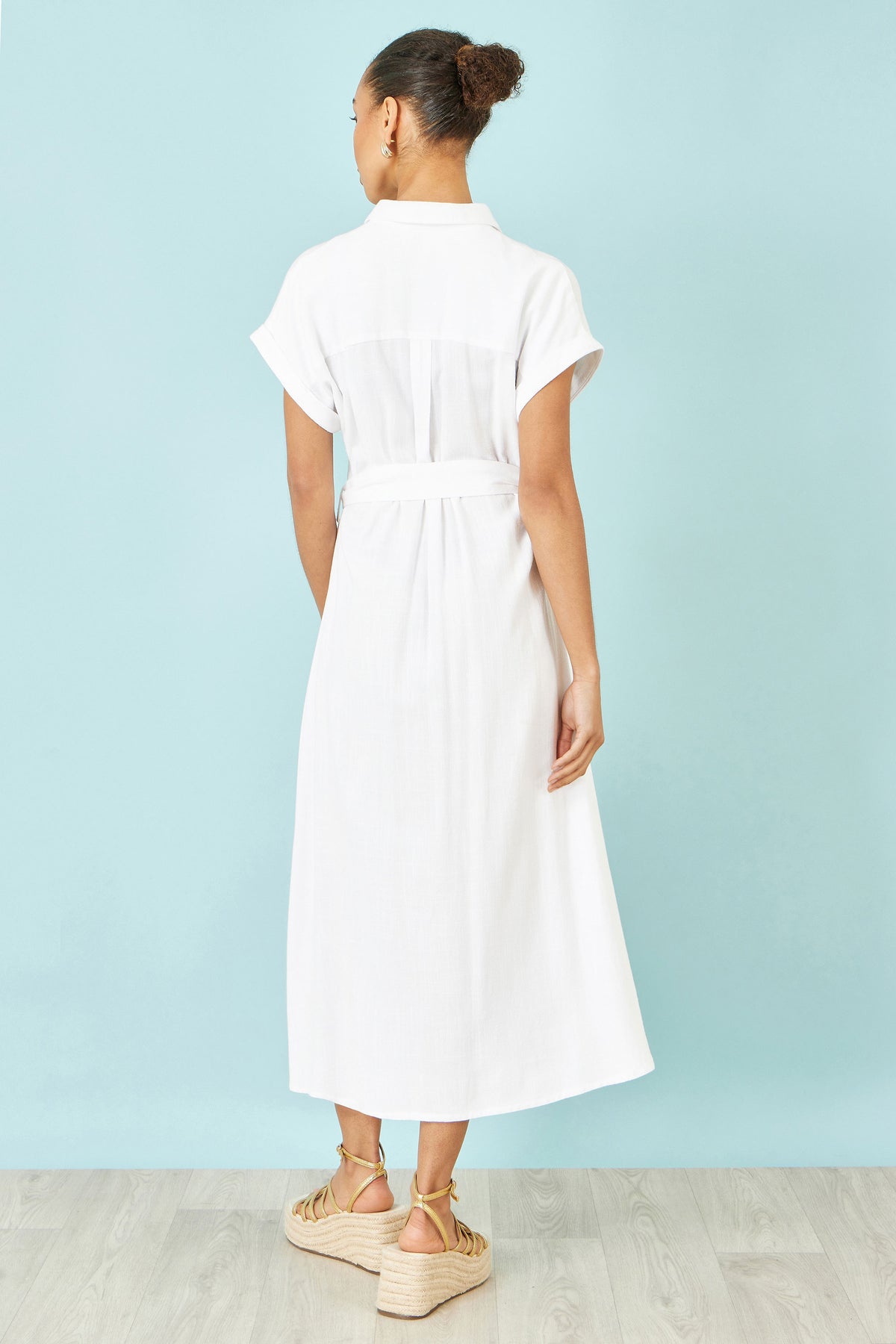 Yumi White Viscose Linen Look Midi Shirt Dress With Wooden Belt Dress Casual Yumi