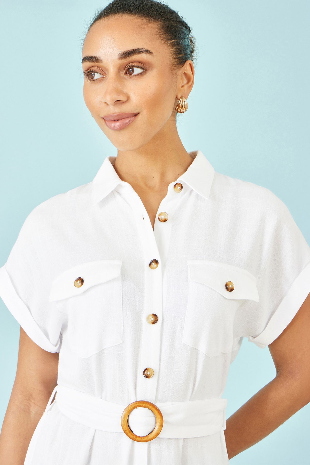 Yumi White Viscose Linen Look Midi Shirt Dress With Wooden Belt Dress Casual Yumi