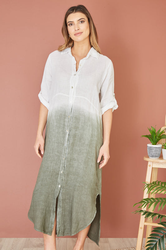Yumi White Italian Linen Hand Dip Dyed Midi Shirt Dress With Turn Up Sleeves Yumi