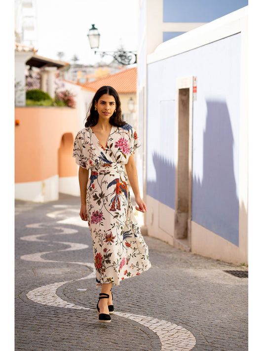 Yumi Ivory Bird and Floral Print Ruched Waist Kimono Midi Dress Yumi