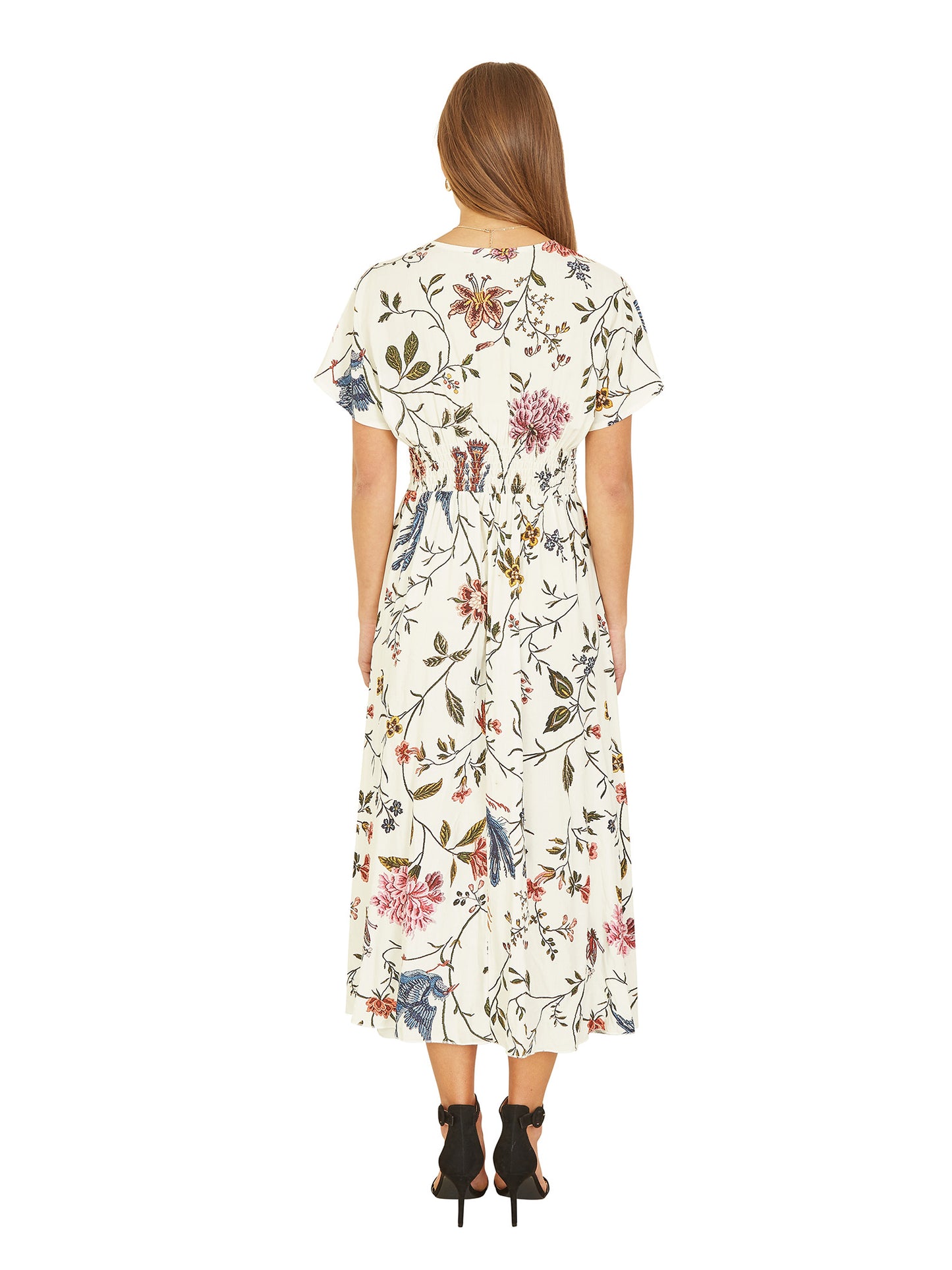 Yumi Ivory Bird and Floral Print Ruched Waist Kimono Midi Dress Yumi