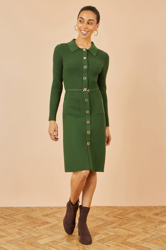 Yumi Green Rib Knit Midi Shirt Dress With Snaffle Belt Knit Dress Yumi