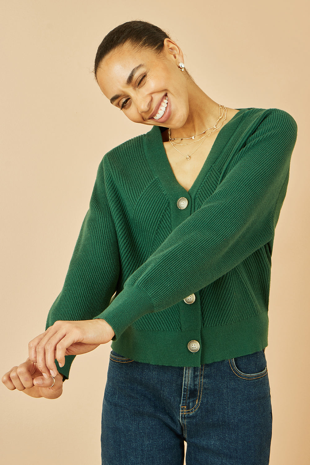 Yumi Green Relaxed Fit Cardigan With Stitch Detail Knit Cardigan Yumi