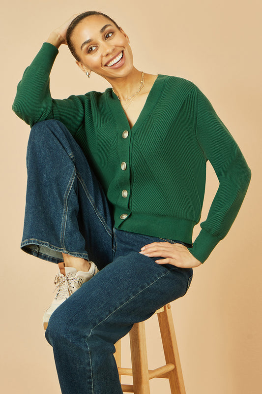 Yumi Green Relaxed Fit Cardigan With Stitch Detail Knit Cardigan Yumi