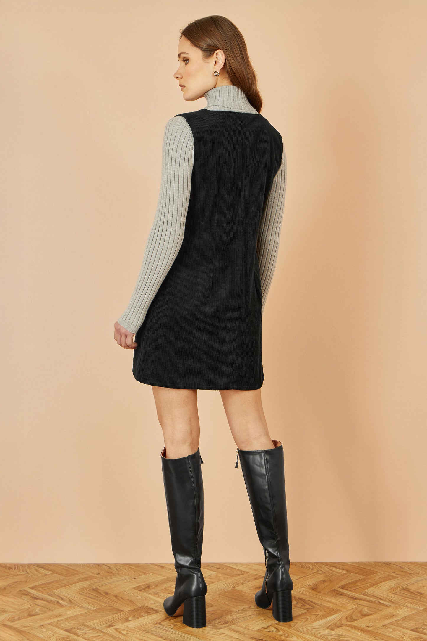Yumi Black Cord Button Through Pinafore Dress With Pockets Dress Casual Yumi