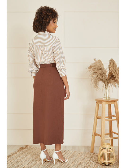 Yumi Brown Cotton Midi Skirt With Belt And Split Hem