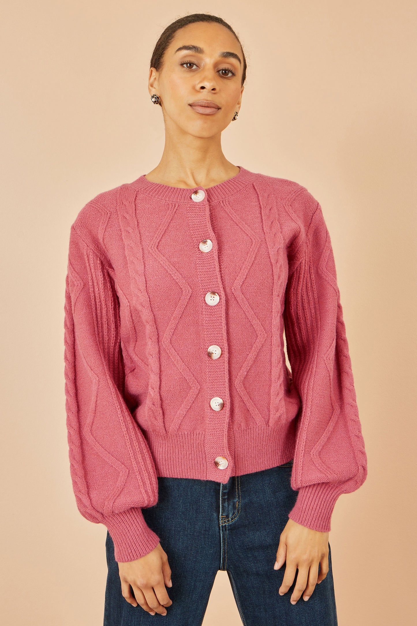 Yumi Pink Relaxed Fit Cable Cardigan Knit Cardigan Yumi