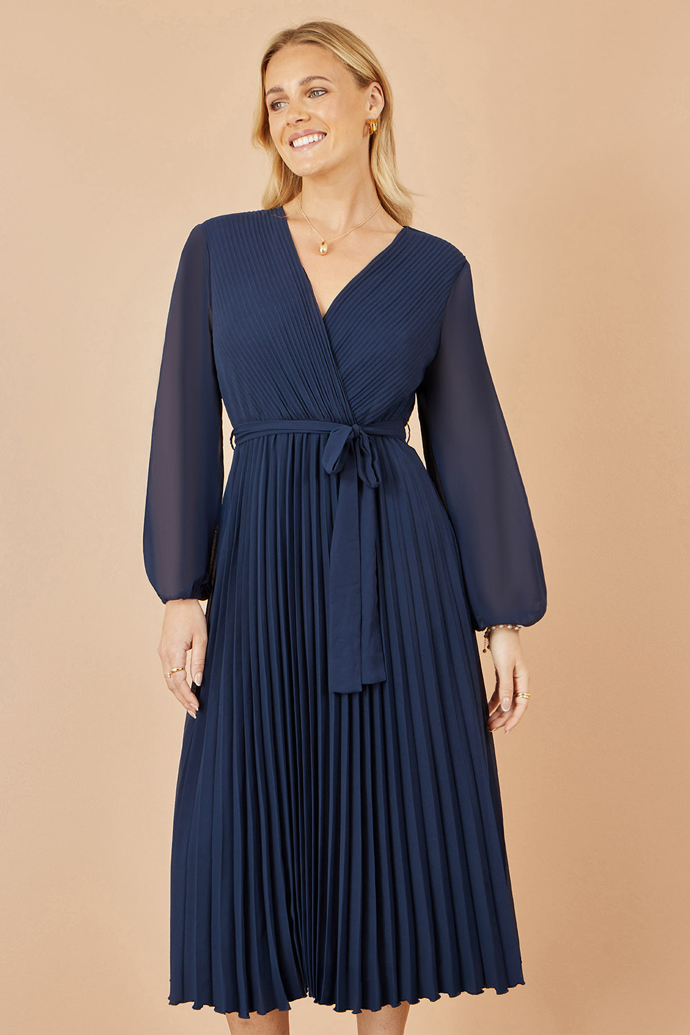 Yumi Navy Pleated Wrap Midi Dress With Sheer Long Sleeves Dress Occasion Yumi