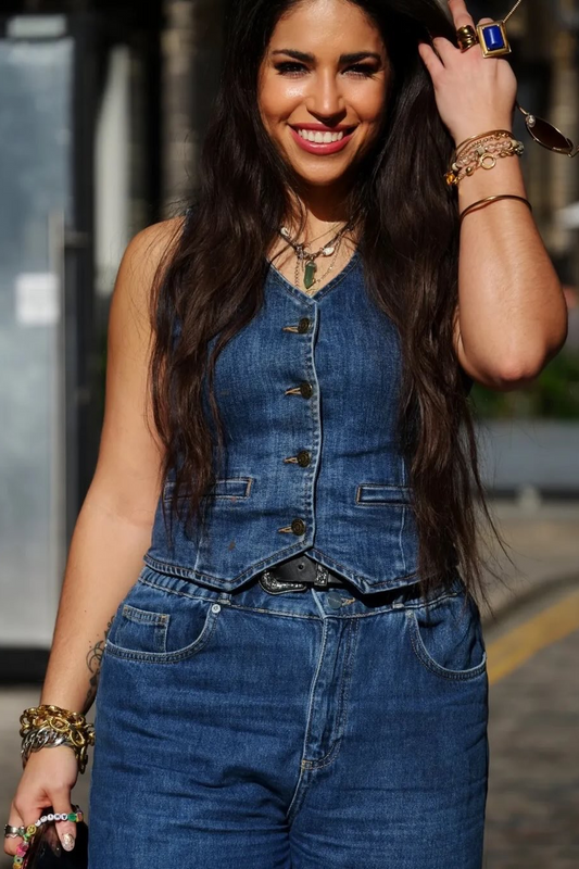 Yumi Blue Denim Stretch Waistcoat Yumi