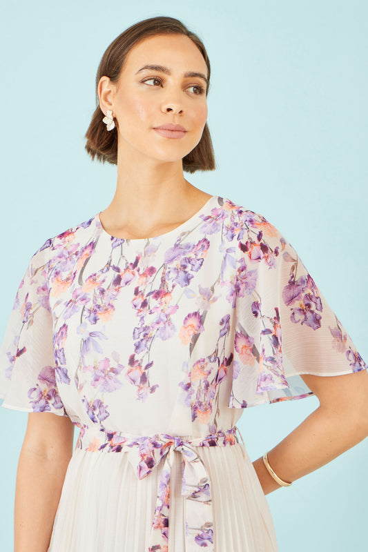 Yumi Ivory Floral Mirror Pleated Midi Dress Dress Occasion Yumi