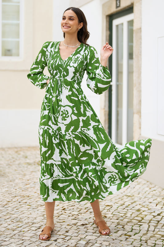 Yumi Green Abstract Print Ruched Midi Dress With Long Sleeves DRES Day Yumi