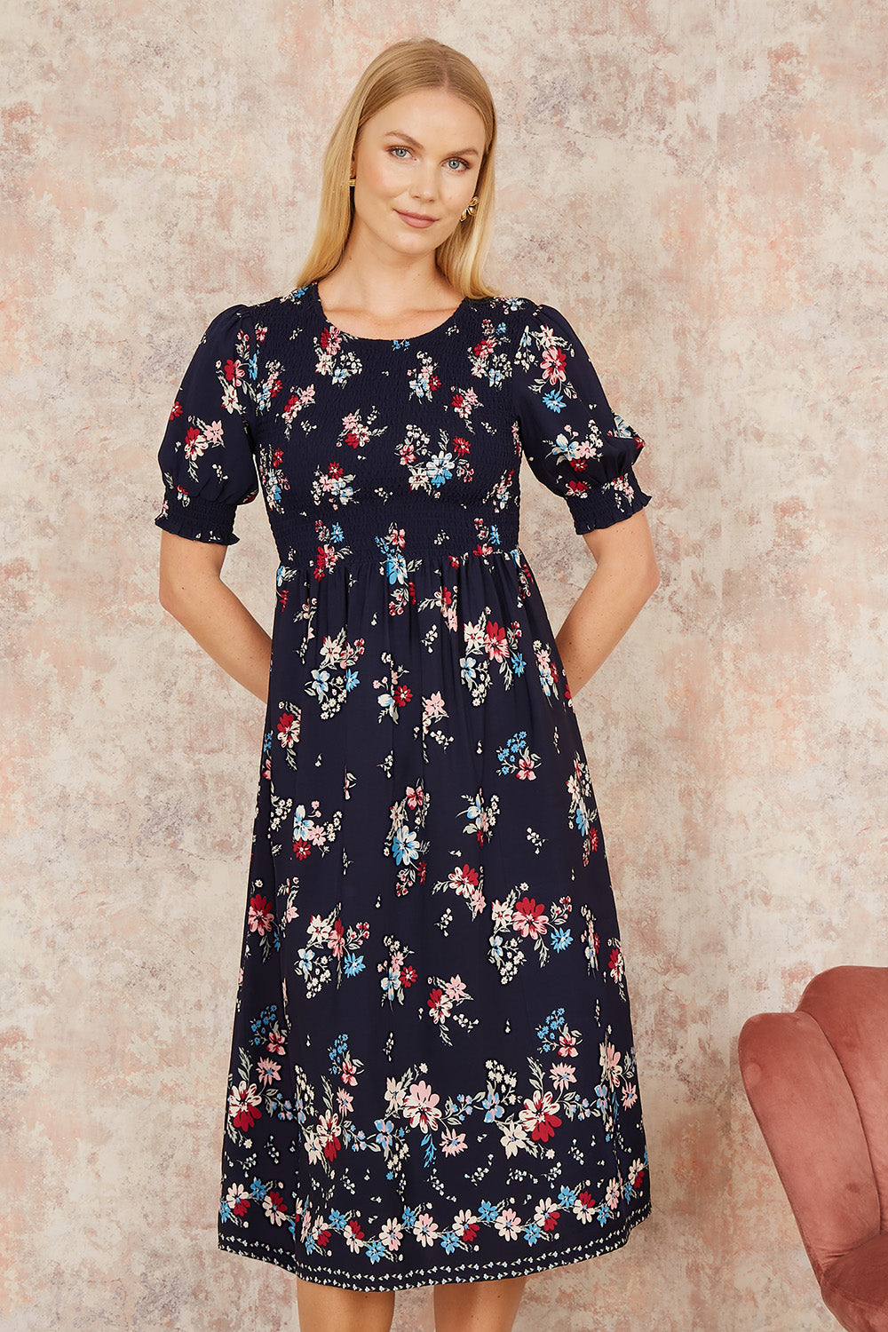 floral ruched midi dress Yumi Navy Recycled With Puff Sleeves Sparkly Red Mermaid Prom SCHL005959_P_S Do Not Bleach Condition:Fair