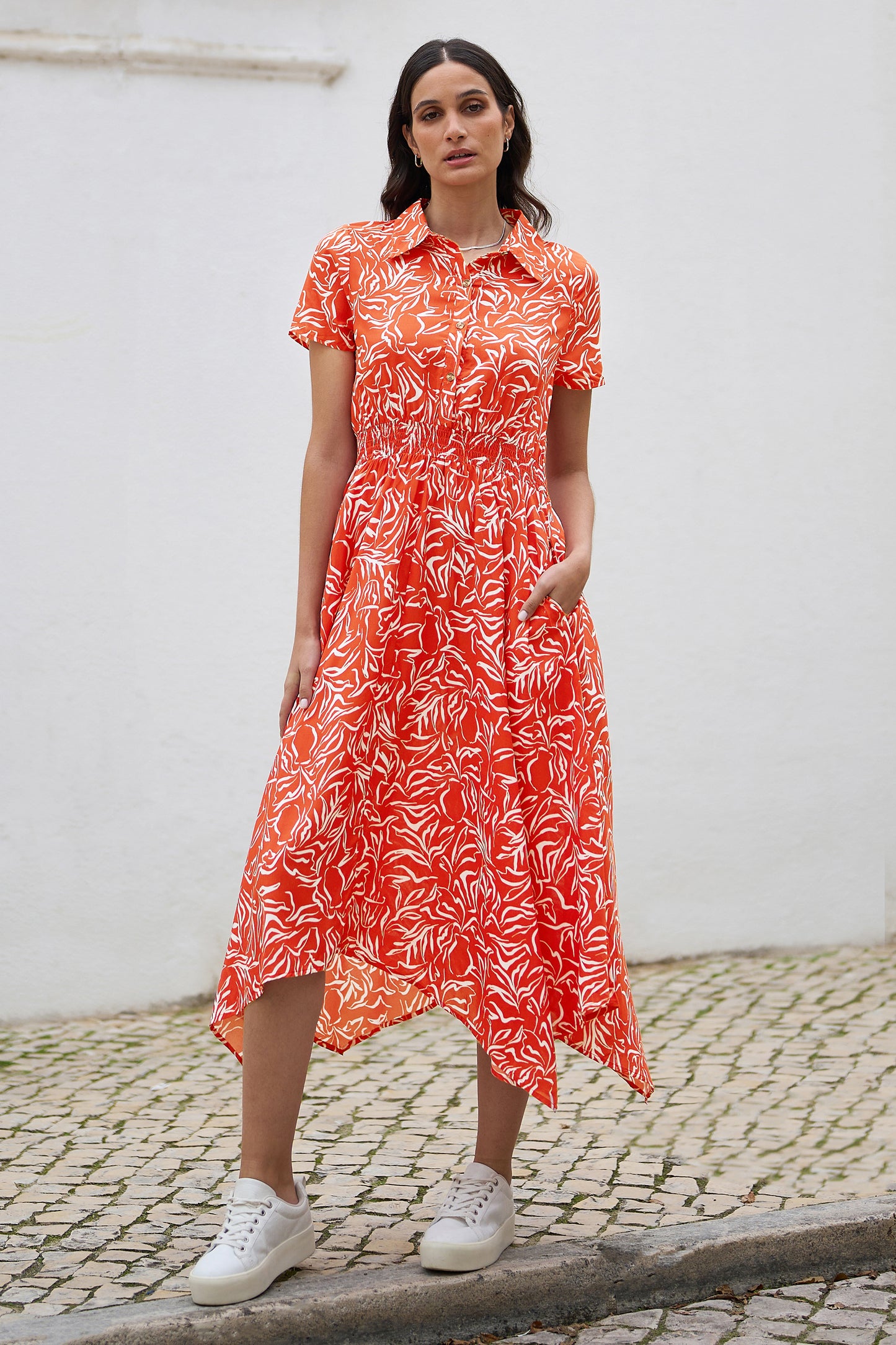 Yumi Coral Tropical Leaf print Midi Ruched Shirt Dress DRES Day Yumi
