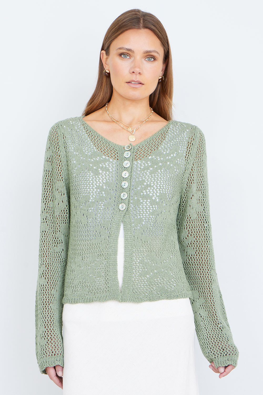 Yumi Green Flower Crochet Button Up Cardigan KNIT Cardi Yumi