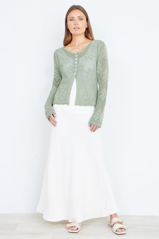 Yumi Green Flower Crochet Button Up Cardigan KNIT Cardi Yumi