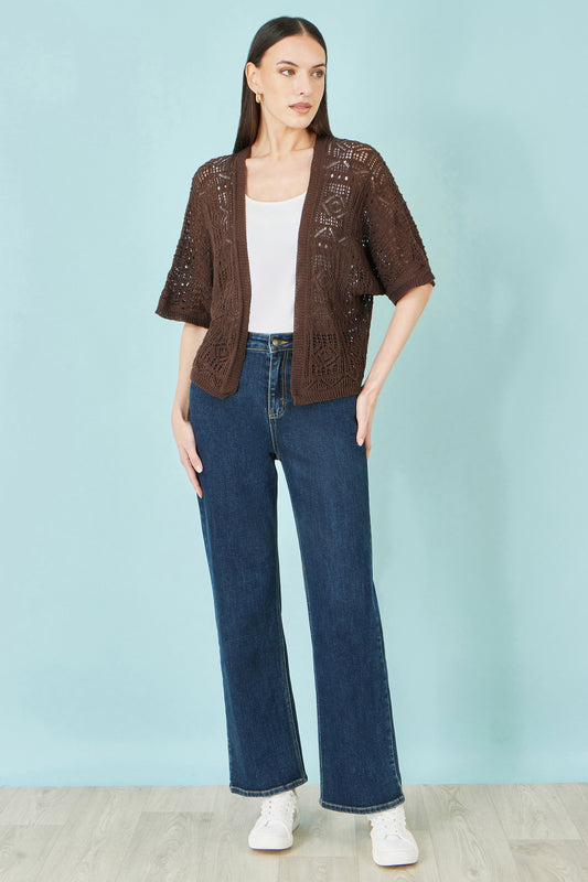 Yumi Brown Crochet Edge To Edge 3/4 Sleeve Cardigan Knit Top Yumi