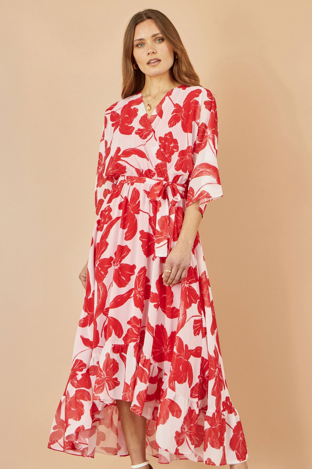 Yumi Red Kimono Sleeves Dip Hem Wrap Midi Dress Occasionwear Yumi