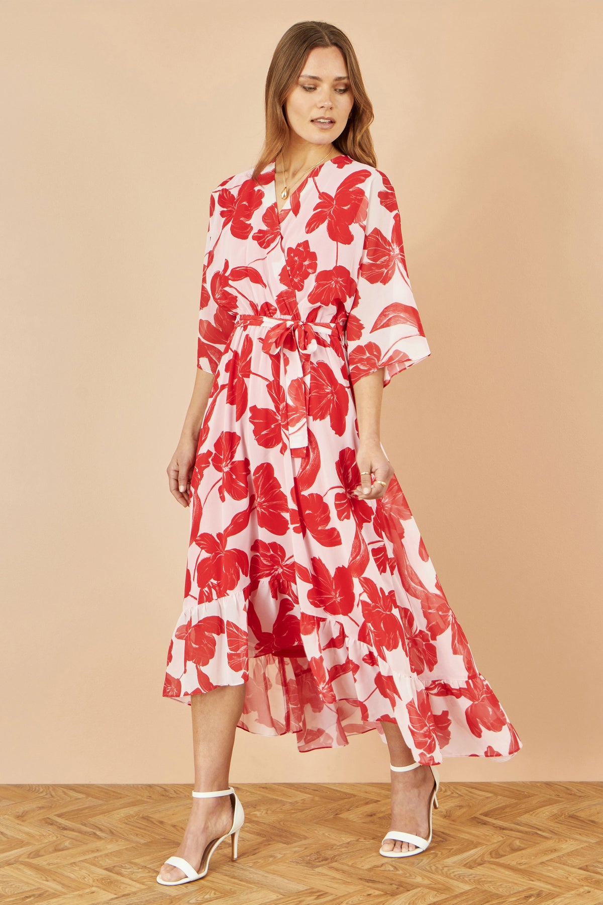 Yumi Red Kimono Sleeves Dip Hem Wrap Midi Dress Occasionwear Yumi
