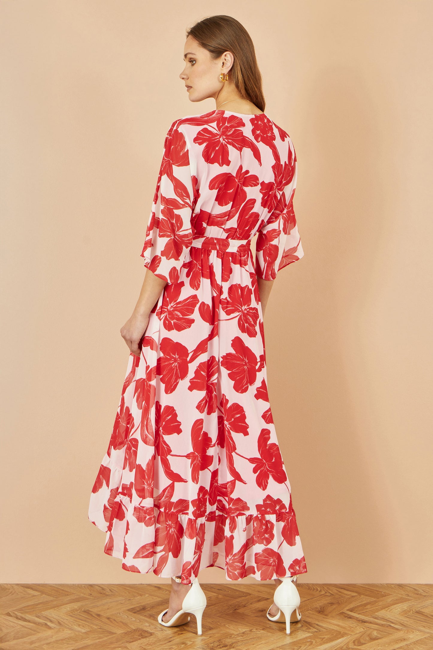 Yumi Red Kimono Sleeves Dip Hem Wrap Midi Dress Occasionwear Yumi