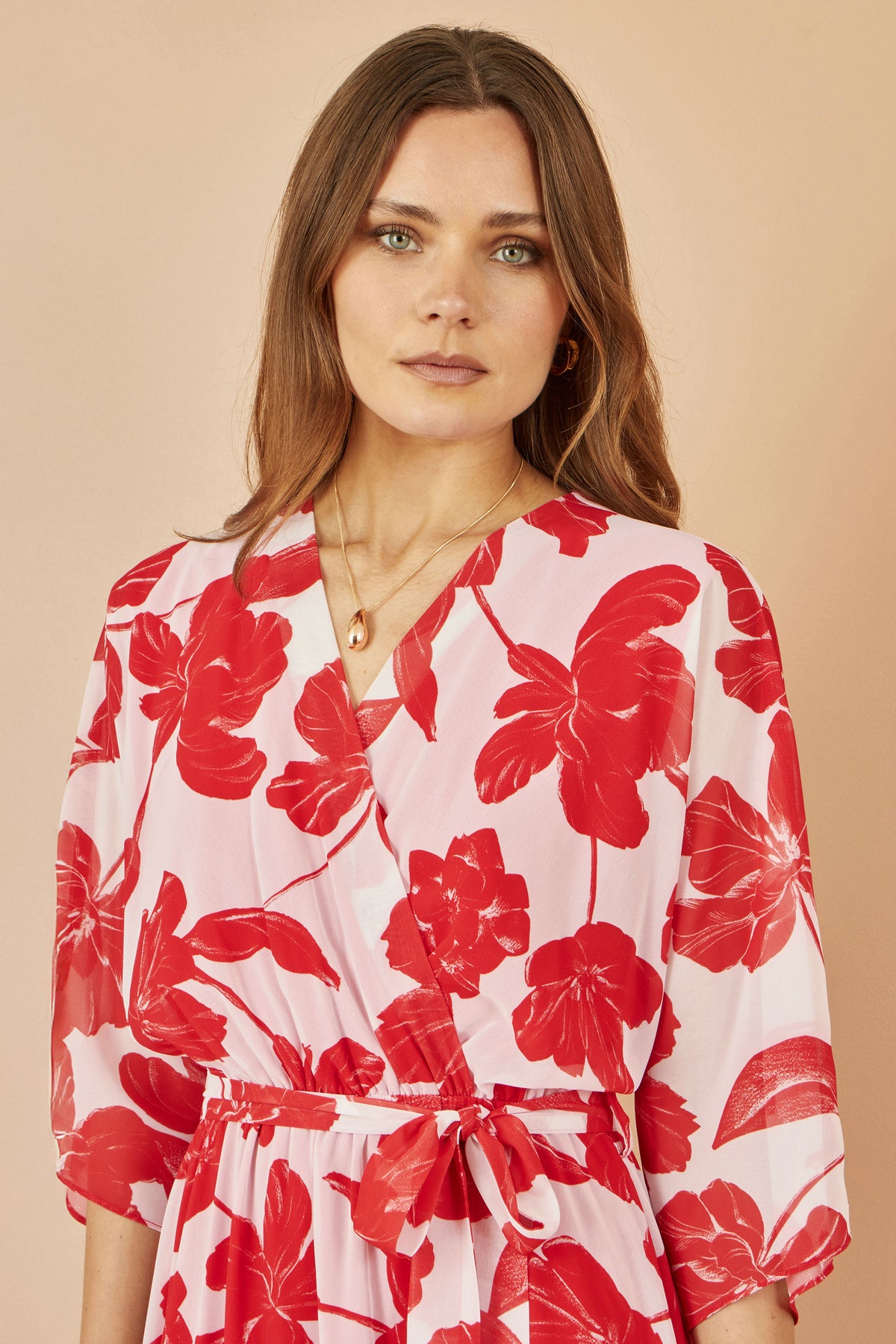 Yumi Red Kimono Sleeves Dip Hem Wrap Midi Dress Occasionwear Yumi