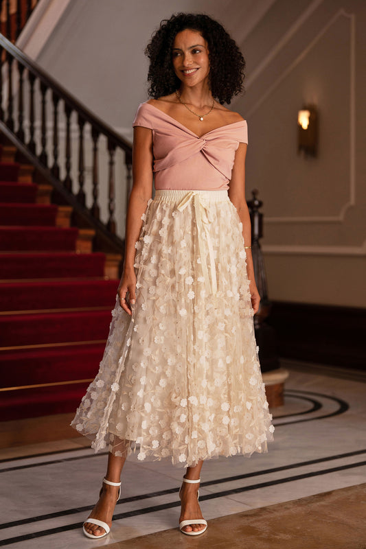 Yumi Blush Jersey Cotton Bardot Top With Knot Detail Tops Yumi