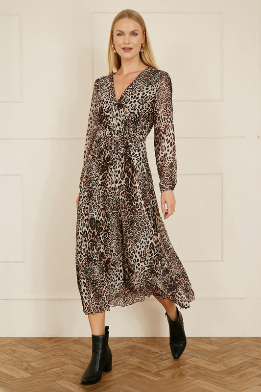 Yumi Brown Leopard Print Pleated Long Sleeve Wrap Midi Dress Yumi