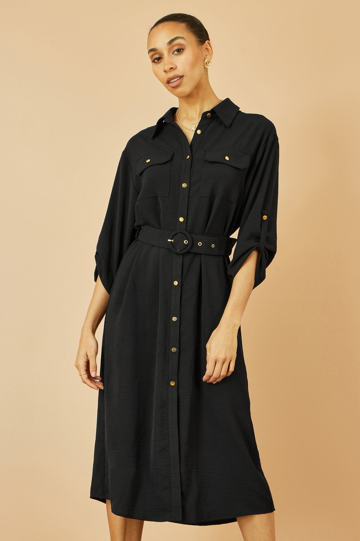 Yumi Black Stretch Midi Shirt Dress Dress Casual Yumi