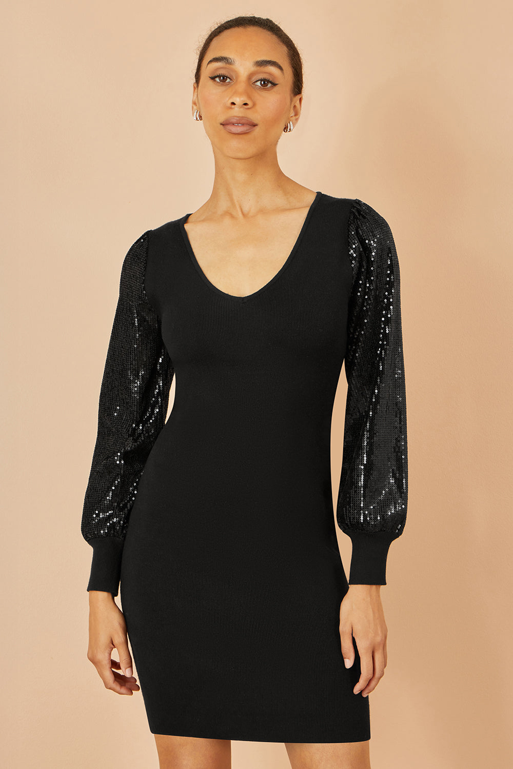 Yumi Black Knitted Fitted Dress With Sequin Sleeves Knit Dress Yumi