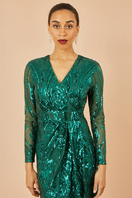 Yumi Green Sequin Midi Wrap Dress With Split Hemline And Long Sleeves Dress Party Yumi