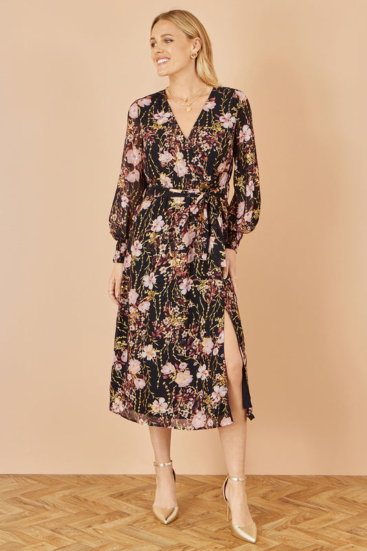 Yumi Black Foiled Floral Print Wrap Midi Dress Dress Occasion Yumi