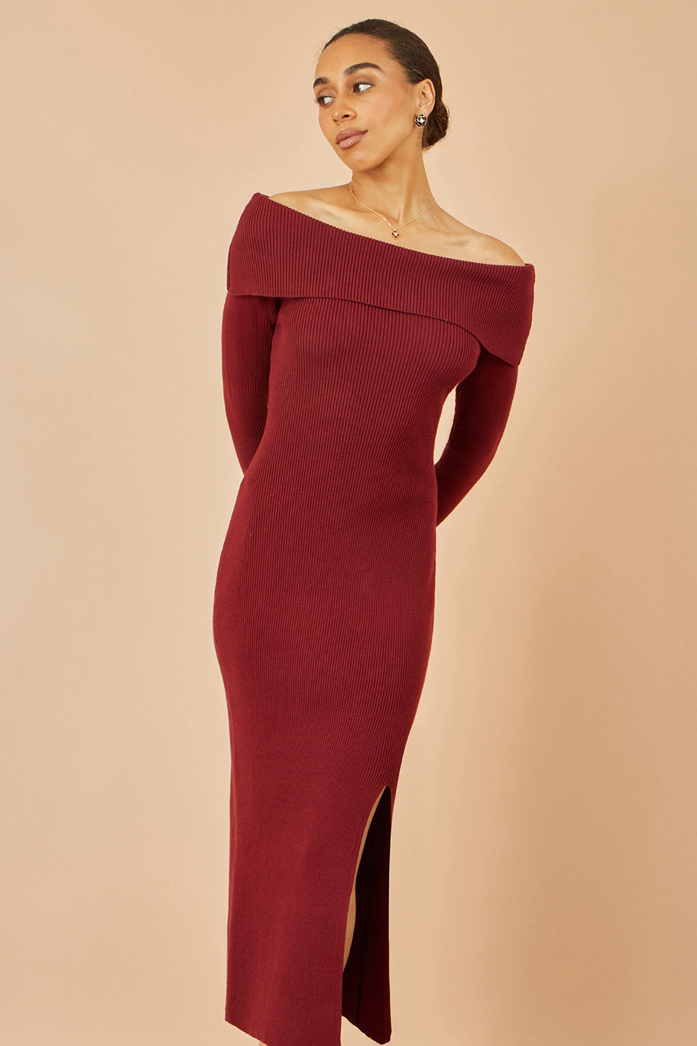 Yumi Burgundy Bardot Knitted Fitted Midi Dress Knit Dress Yumi