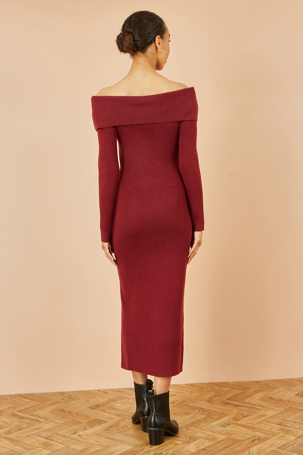 Yumi Burgundy Bardot Knitted Fitted Midi Dress Knit Dress Yumi