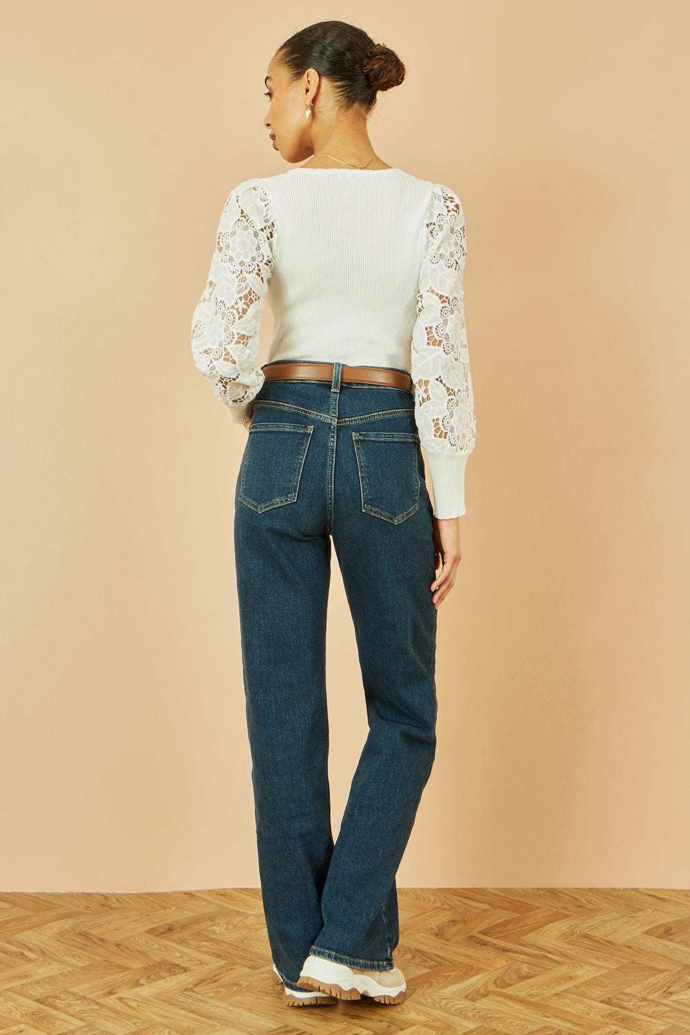 Yumi White Ribbed Knitted Top With Lace Sleeves Knit Jumper Yumi