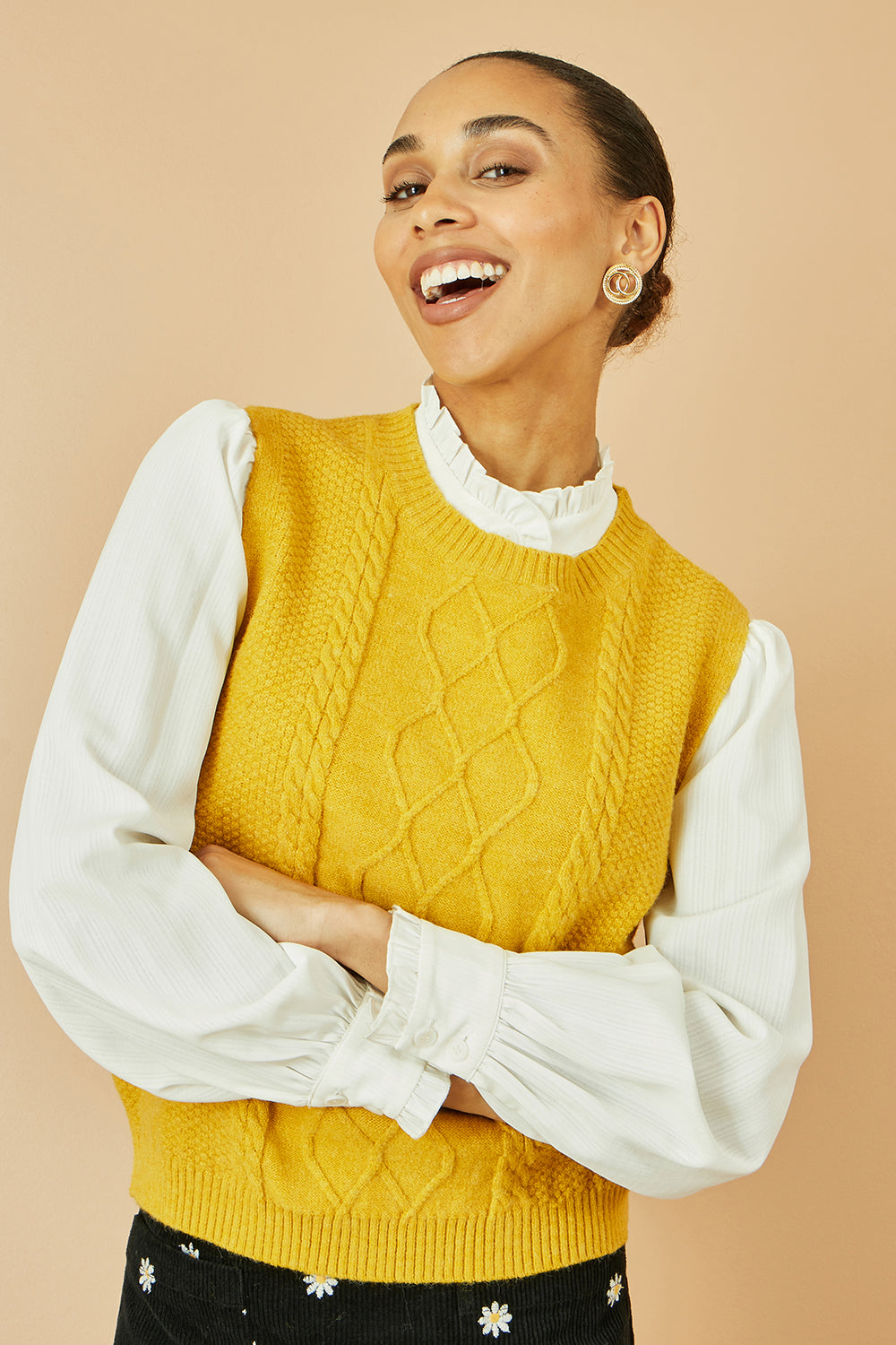 Yumi Mustard Cable Knit Sleeveless Jumper Knit Pullover Yumi