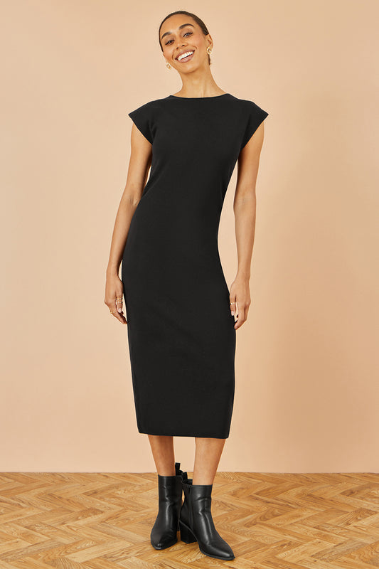 Yumi Black Knitted Ruched Midi Dress Knit Dress Yumi