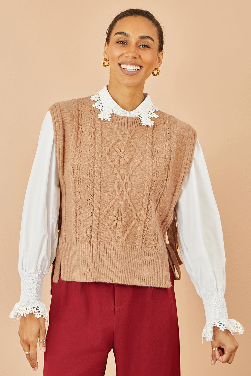 Yumi Camel Flower Cable Knit Tie Side Pullover Knit Pullover Yumi