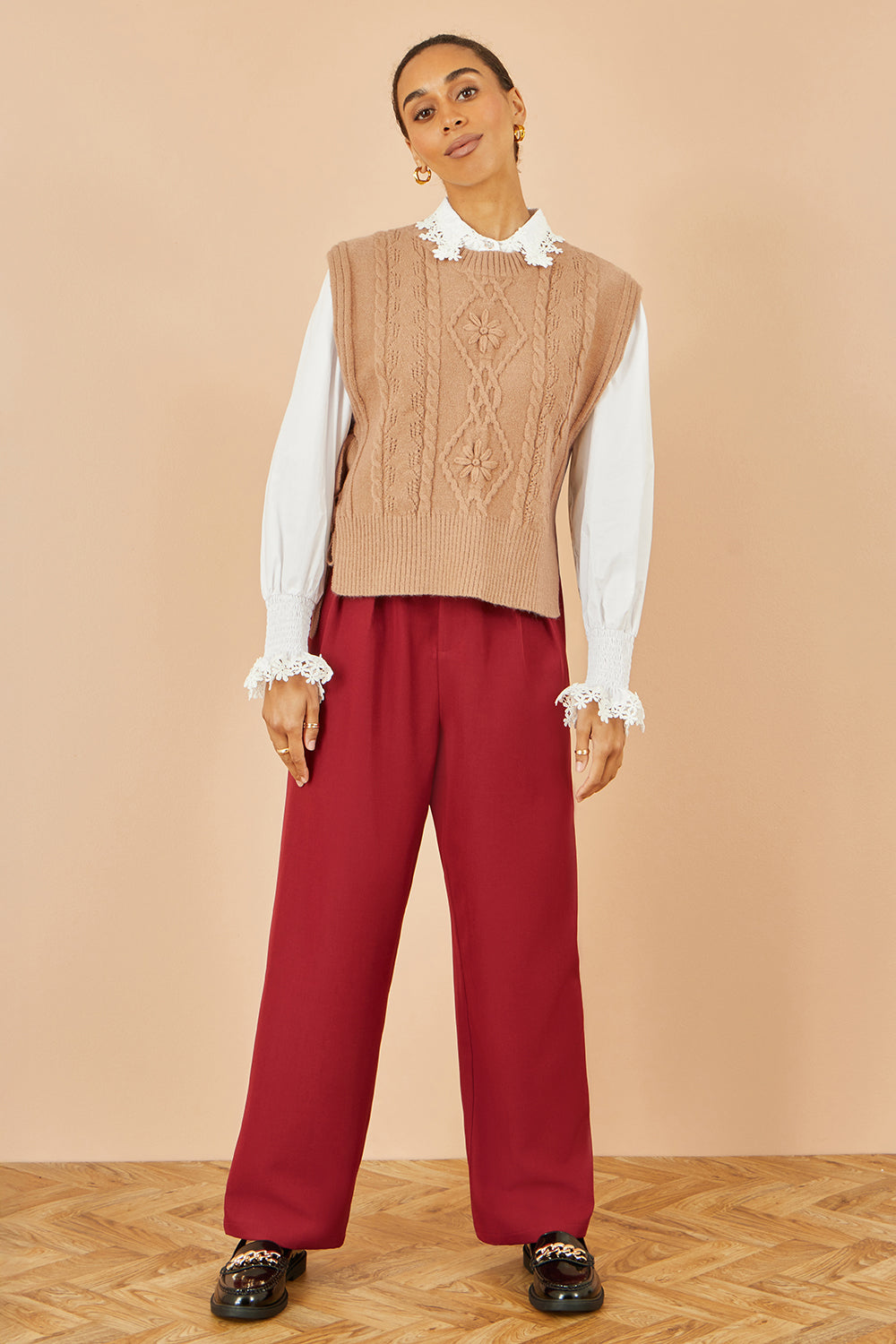 Yumi Camel Flower Cable Knit Tie Side Pullover Knit Pullover Yumi