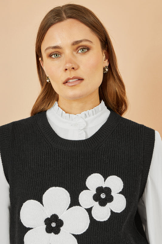 Yumi Black Flower Knitted Sleeveless Jumper Vest Knit Pullover Yumi