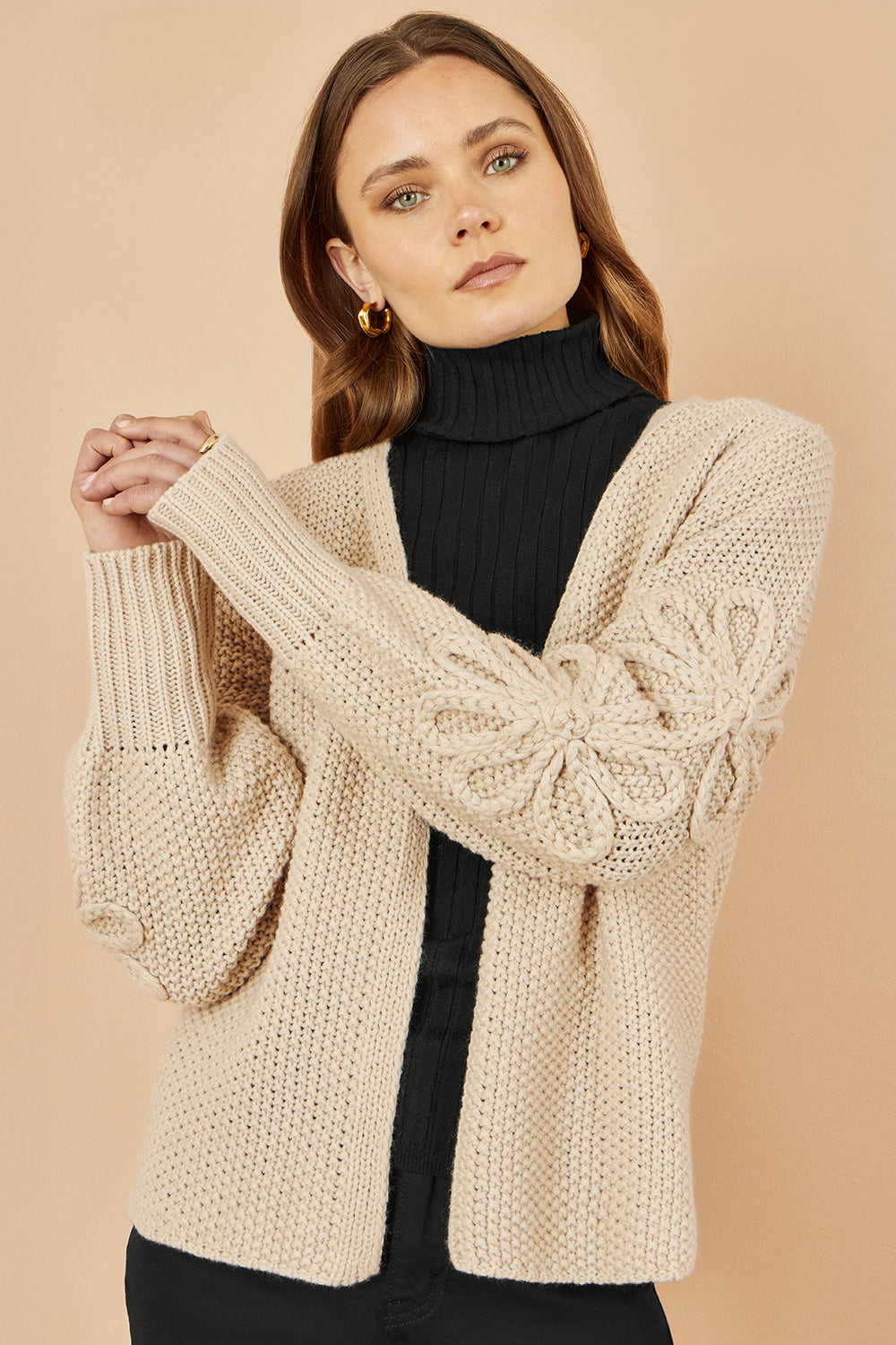 Yumi Beige Edge to Edge Cardigan With Flower Detail Sleeves Knit Cardigan Yumi